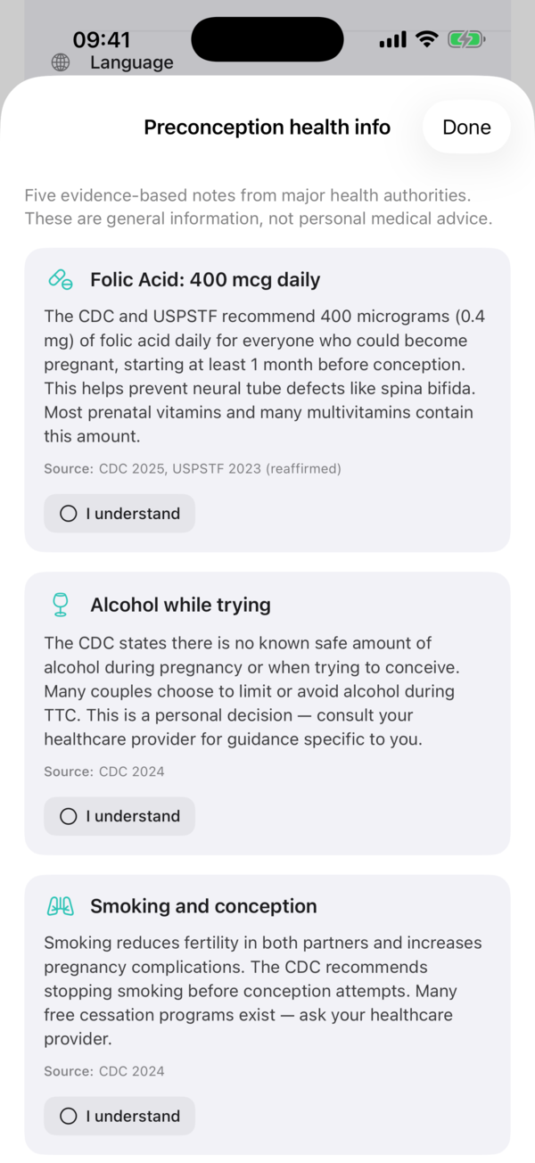 Ovaly preconception health information with evidence-based notes and cited sources