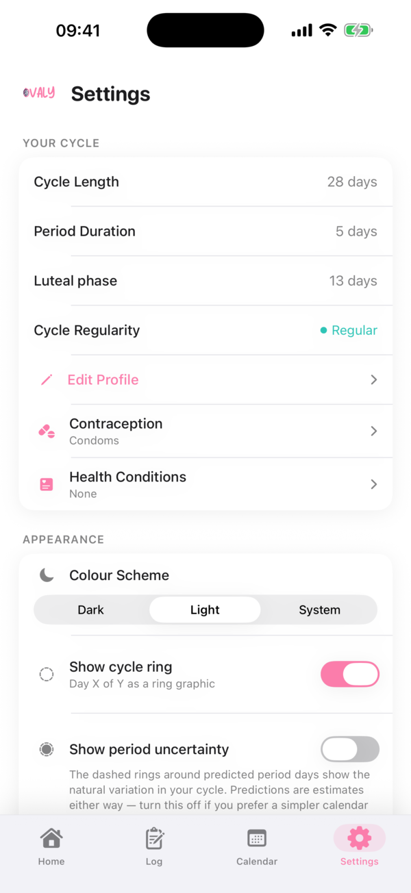 Ovaly settings screen with appearance, cycle and privacy options